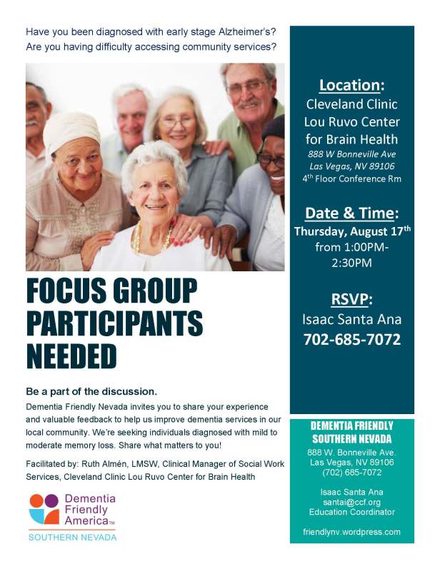 DFN Early Stage Dementia Focus Group Flier-Downtown LV, 8-17-2017